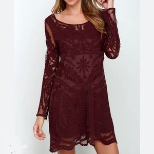 BLACK SWAN Burgundy Lace “Heidi” Dress Tunic Large FLAW Sheer, Sexy Illusion